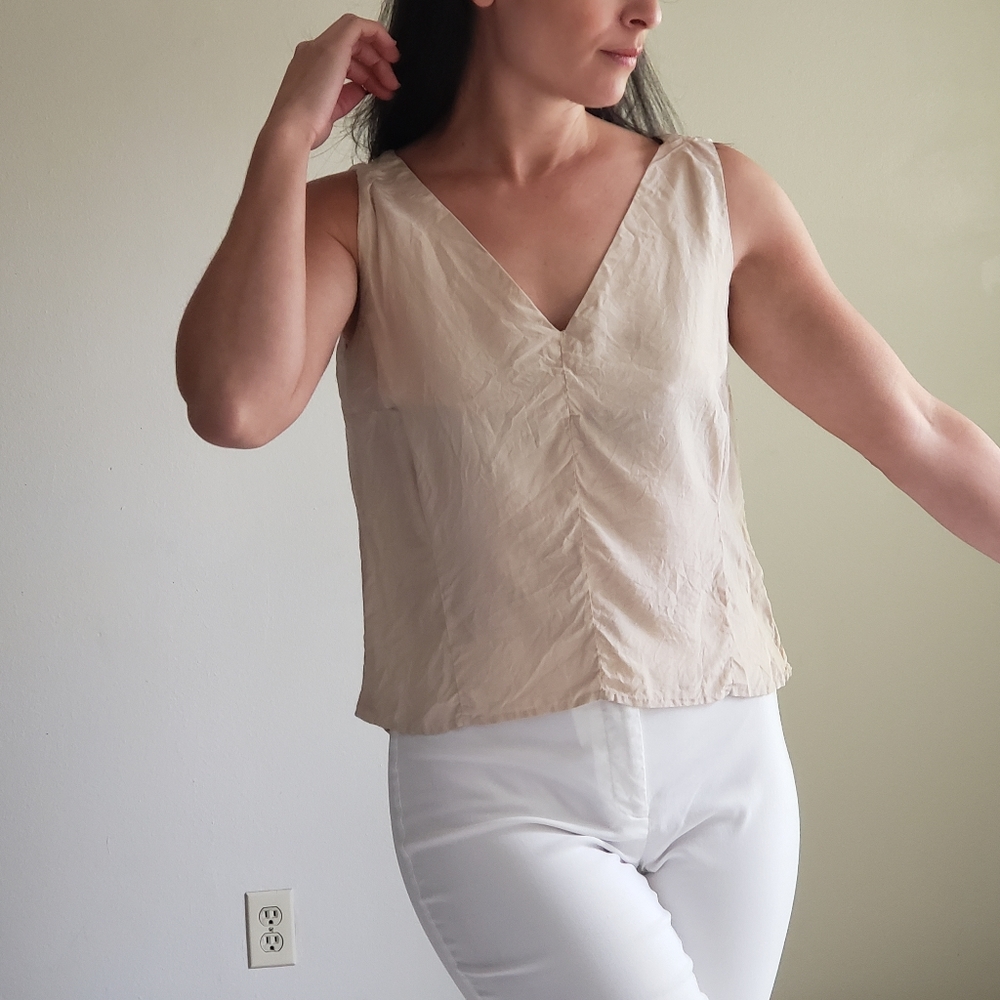 1950s 1960s Vintage Silk Nude Beige V Neck Tank Crop Top Monochrome #22
